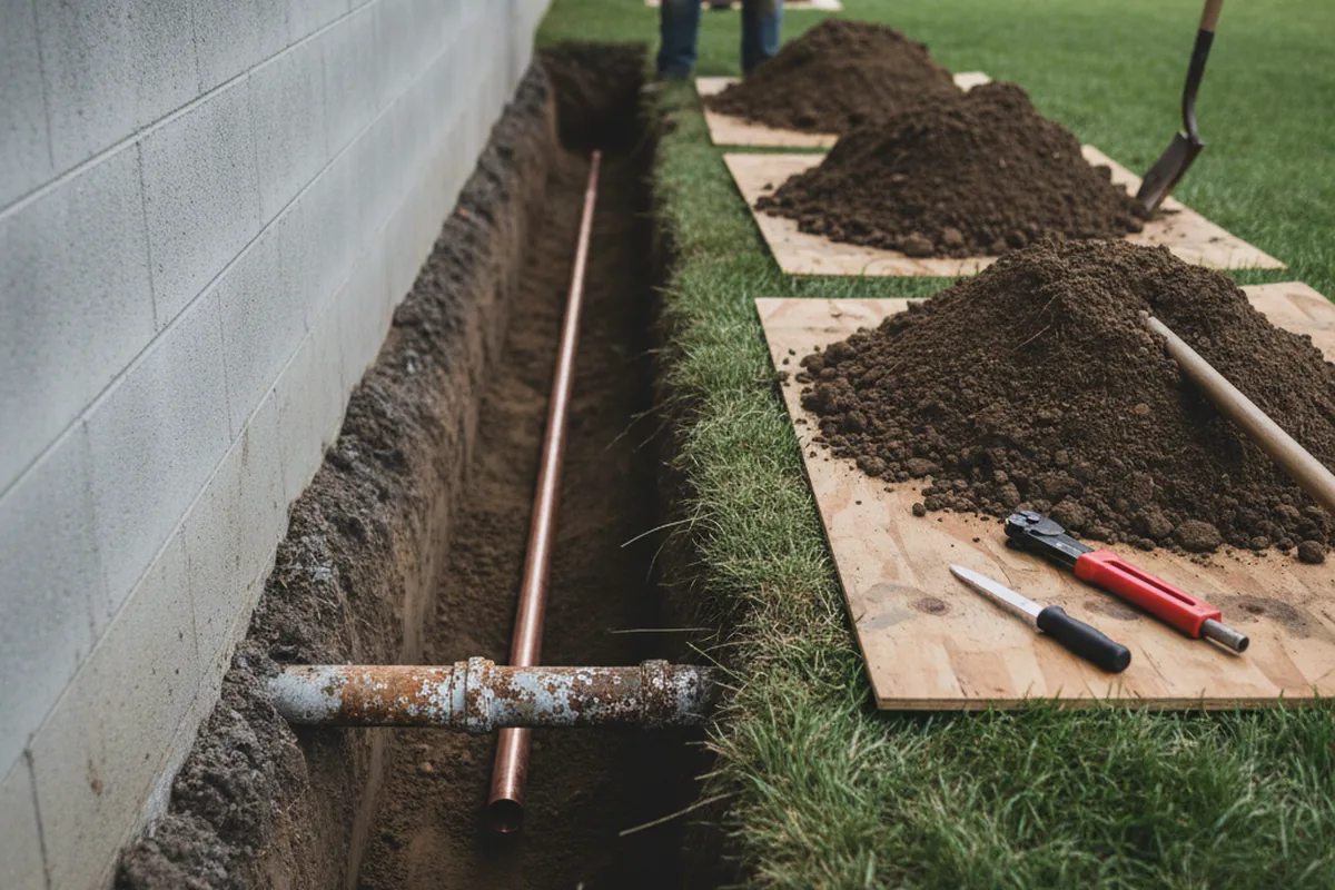 Excavated water line trench during Water Softener Installation in Vancourt